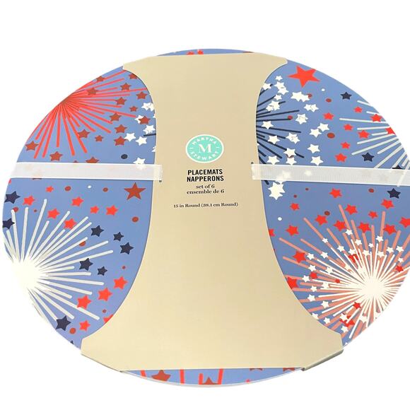 6 pc MARTHA STEWART Patriotic Red White Blue Fireworks 15" Round Placemats NEW - Picture 5 of 5